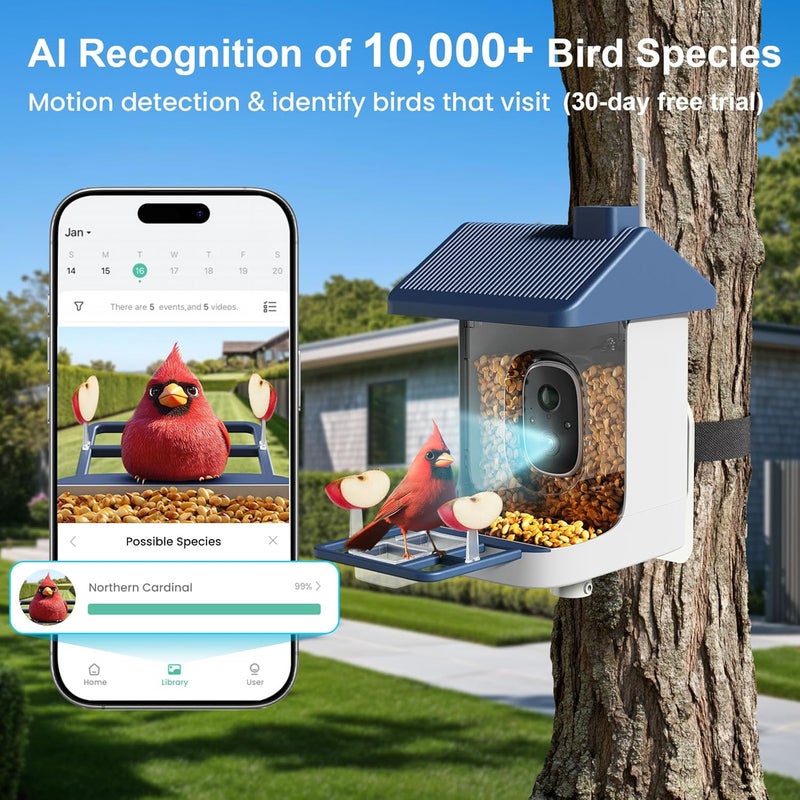 ACCULENZ Smart Bird Feeder with Camera, 1.8L Solar Powered Bird Feeders for Outdoors, 2K AI Identify 10,000+ Birds Species, Birds Feeder Camera IP65 Instant Notification, Ideal Gift for Avian Lovers - Image 2